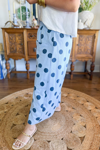 Sky Blue Polka Dot Elastic Waist Wide Leg Plus Size Pants