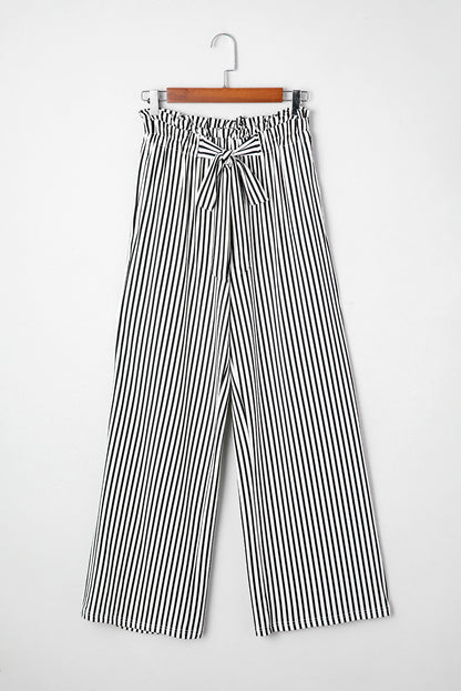 Black Stripe Tied High Waist Loose Straight Casual Pants