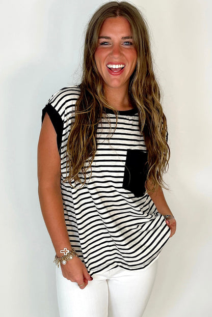 Débardeur noir à rayures et col rond avec poche poitrine