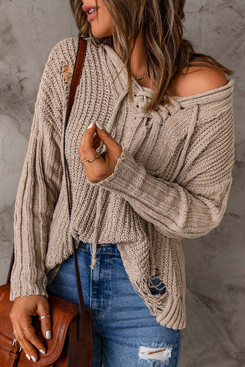 Lace Up V Neck Ripped Slouchy Sweater