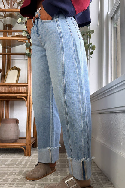 Myosotis Raw Hem Turnup Loose Ankle-length Jeans