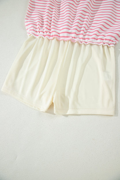Pink Stripe Color Block Patchwork Polo Tee Drawstring Elastic Waist 2pcs Skort Set