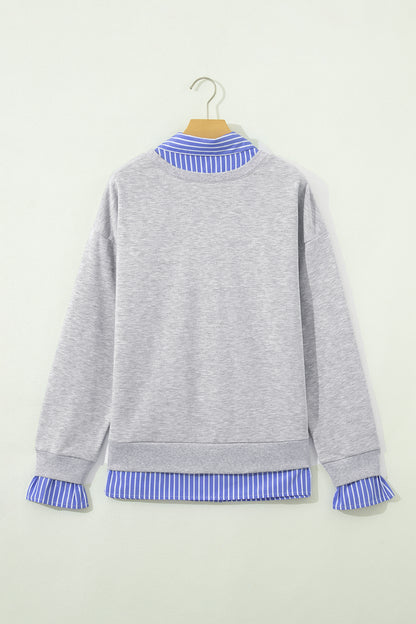 Light Grey Striped Collar 2-in-1 Patchwork Casual Loose Sweatshirt