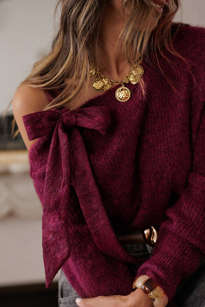 Burgundy Lace Bowknot Asymmetric Neck Sweater