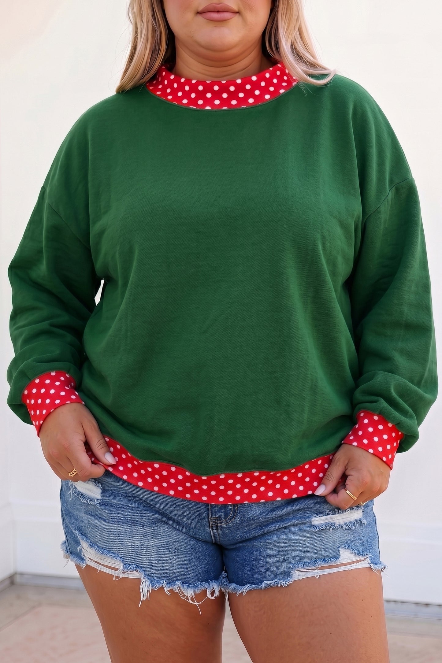 Dark Green Polka Dot Patchwork Round Neck Plus Size Sweatshirt