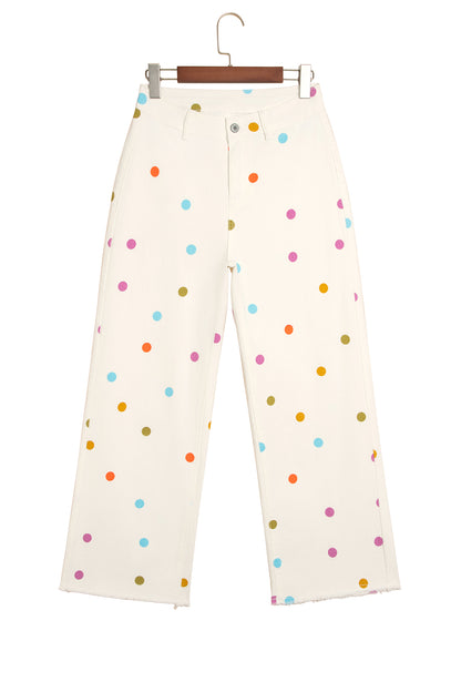 White High Waist Polka Dot Straight Leg Casual Jeans