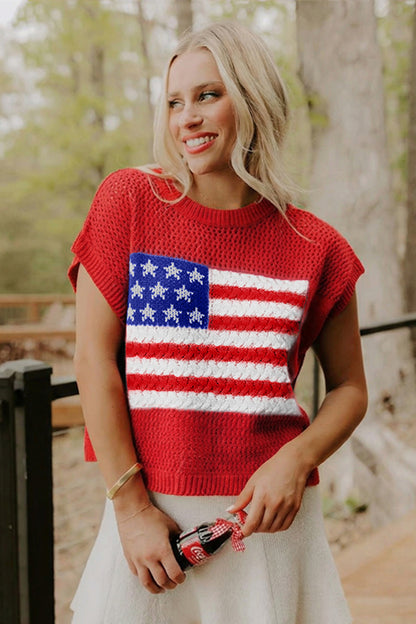 Fiery Red Flag Graphic Short Sleeve Sweater Top