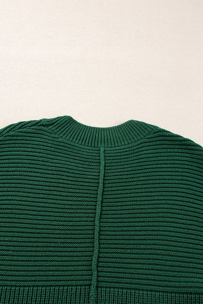 Pull ras du cou à manches lanternes en tricot texturé vert noirâtre