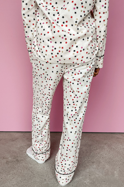 Ensemble pyjama à manches longues et pantalon à motif étoile contrastée blanche