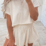 Beige 2pcs Cropped Tee and Ruffle High Waist Skort Set