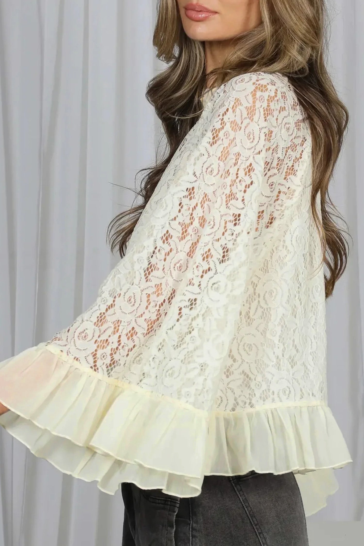 White Sheer Lace Long Sleeve Ruffle Trim Loose Blouse