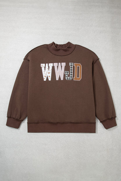 Coffee WWJD Mix Pattern Letter Graphic Exposed Seam Loose Plus Size Sweatshirt