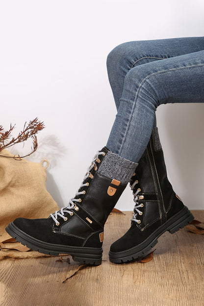 Coffee Wool Knit Patchwork Lace Up Leather Boots