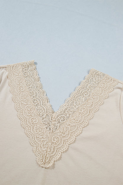 Apricot Lace Splicing V Neck Long Sleeve Top