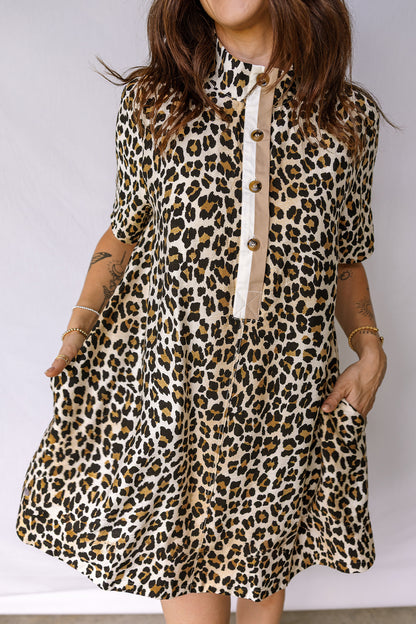 Multicolour Half Buttons Short Sleeve Loose Leopard Mini Dress with Pockets