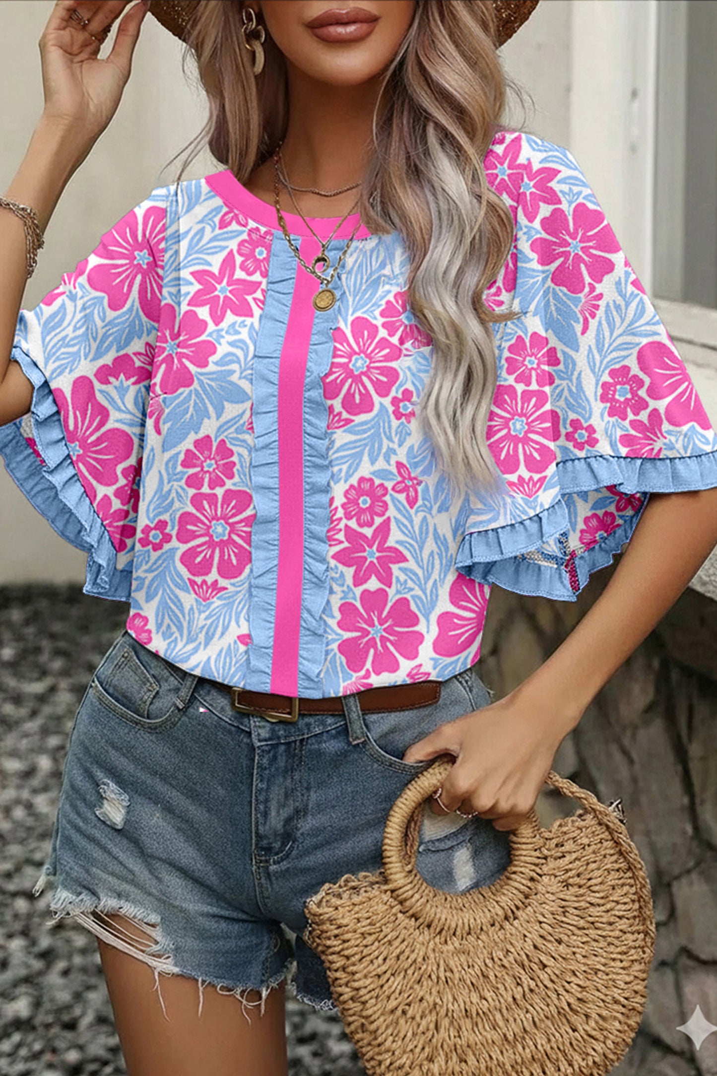 Rose Floral Print Ruffled Color Block Trim Half Sleeve Blouse