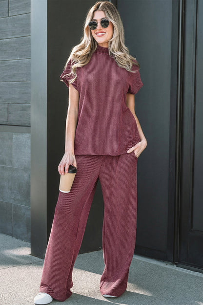 Dark Grey Twisted Ribbed High Neck Loose Tee Elastic High Waist Loose Pant Set