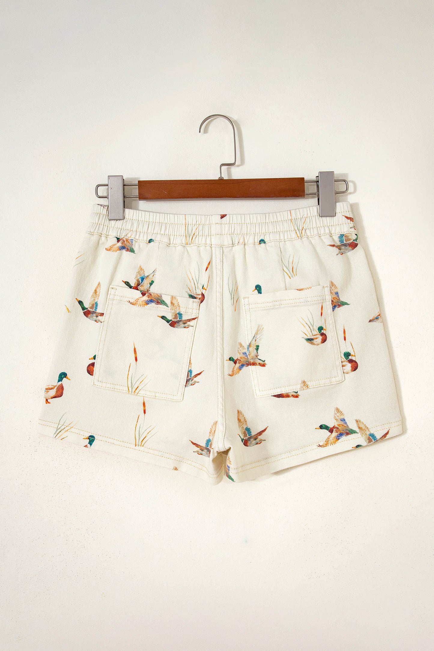 Beige Wild Duck Mallard Printed Drawstring Denim Shorts