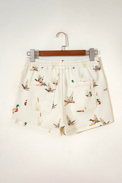 Beige Wild Duck Mallard Printed Drawstring Denim Shorts