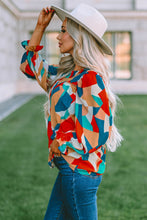 Multicolor Abstract Pattern Crewneck Ruffled Puff Sleeve Blouse