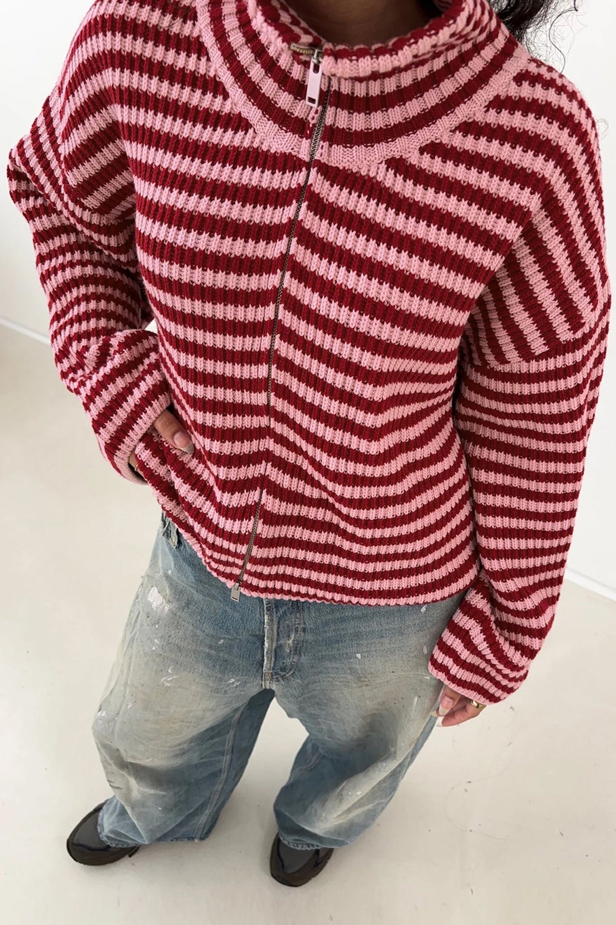 Red Stripe Striped High Neck Zip-up Sweater Long Sleeve Casual Fit Drop Shoulder Open Front Cardigan