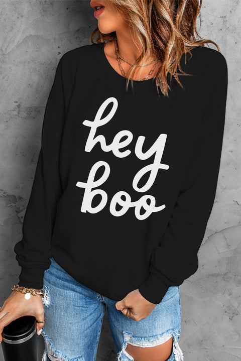 Hey Boo Letter Print Long Sleeve Pullover Sweatshirt