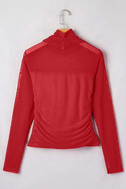 Fiery Red Sheer Mesh Patchwork High Neck Long Sleeve Top