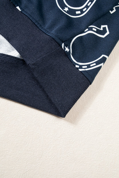 Blue Western Horseshoe Print Mock Neck Casual Pullover Sweatshirt