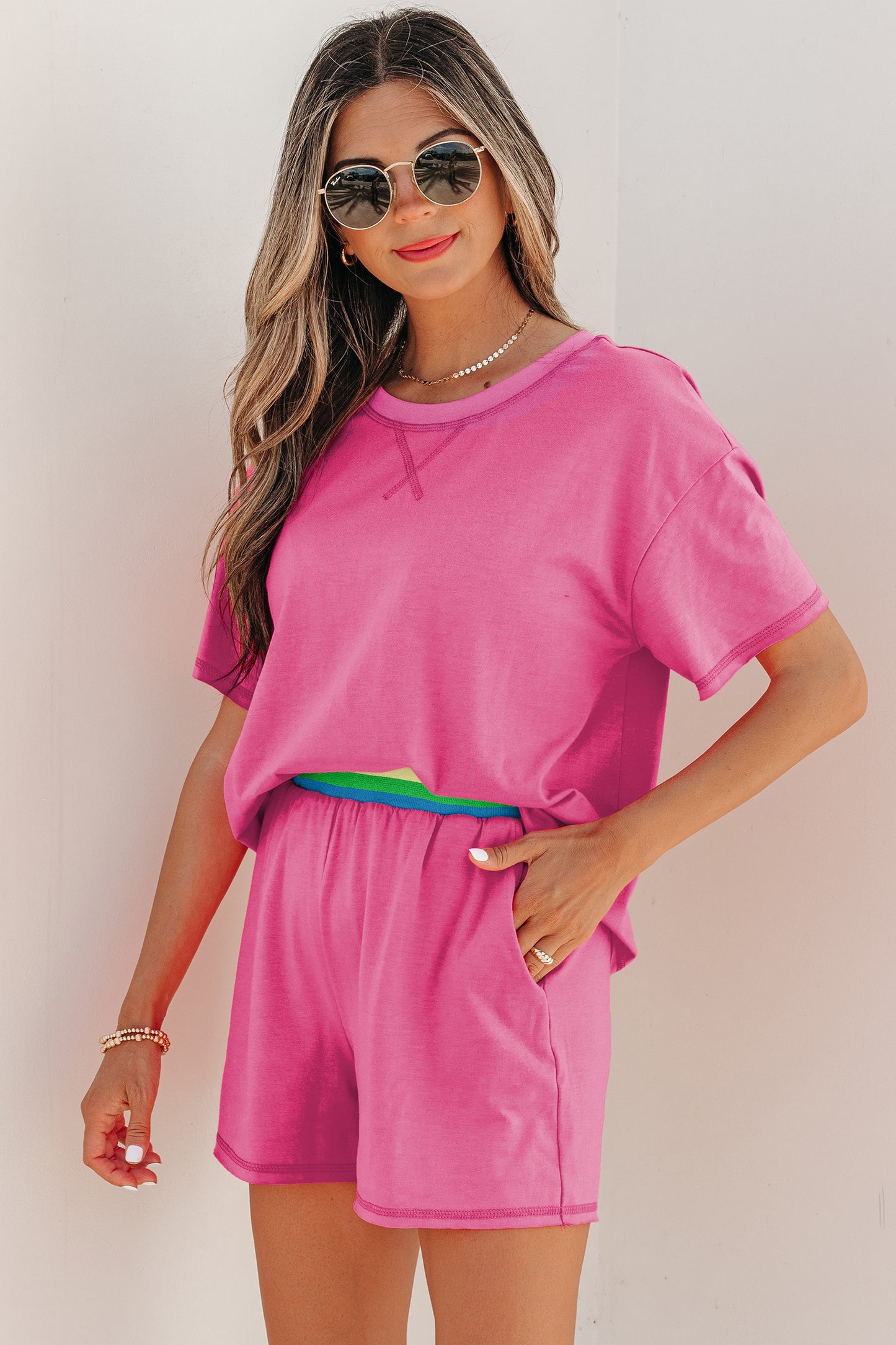 Bright Pink Seam Detail Raw Edge Tee Rainbow Waistband Casual Short Set