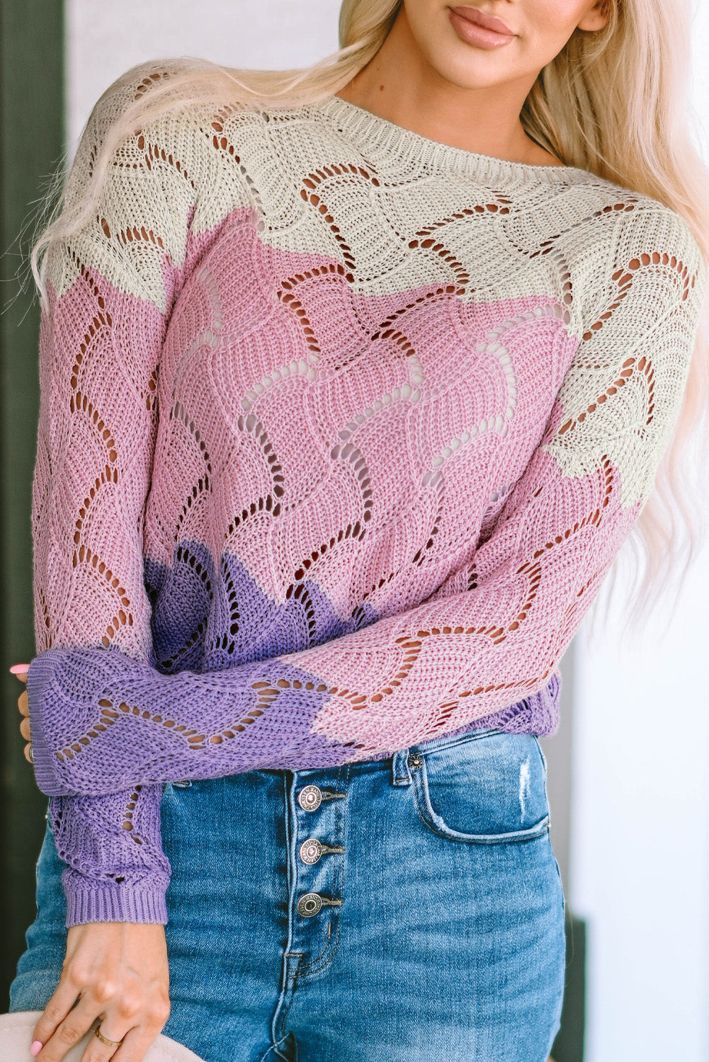 Pull ample en maille creuse à blocs de couleurs