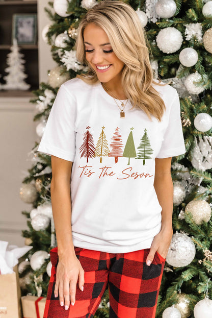 T-shirt blanc à col rond avec imprimé sapins de Noël mignons