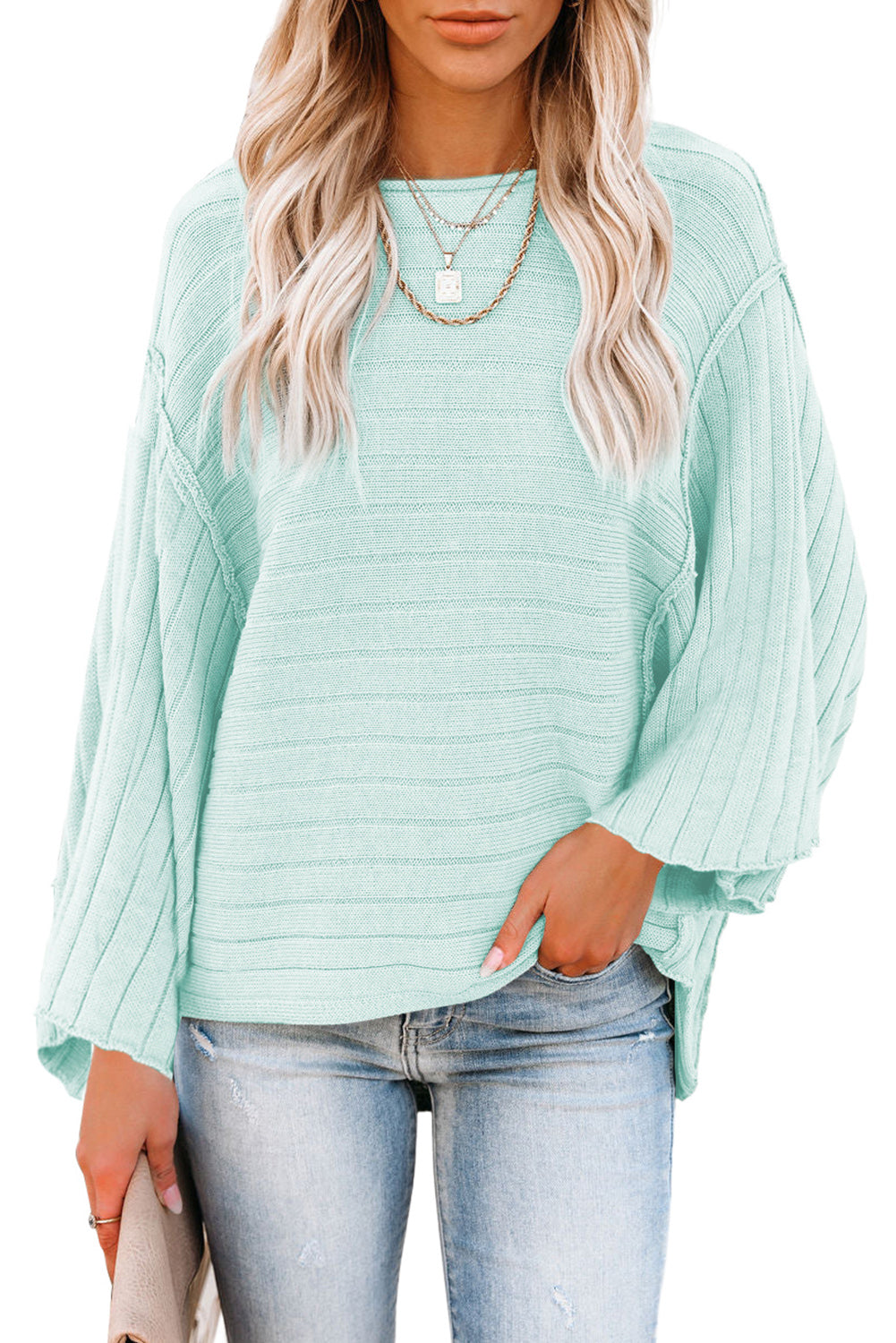 Haut dolman en tricot côtelé marron à coutures apparentes 