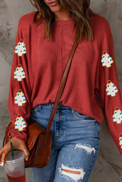 Haut décontracté à manches longues avec patch sapin de Noël rouge