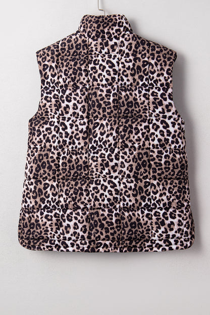 Brown Leopard Quilted Full Zipper Casual Puff Vest