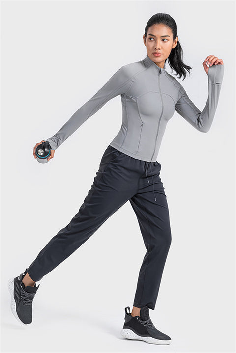 Gray Ribbed Stitching Thumbhole Sleeve Zip Up Active Top