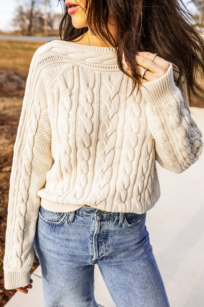 Beige Drop Shoulder Round Neck Cable Knit Sweater