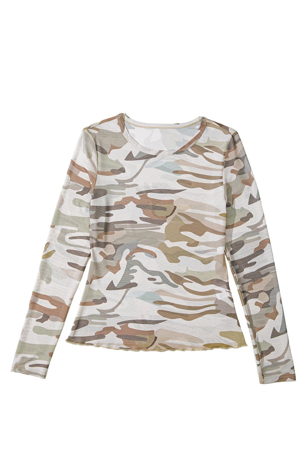 Western Fashion Camouflage Print Mesh Long Sleeve Top