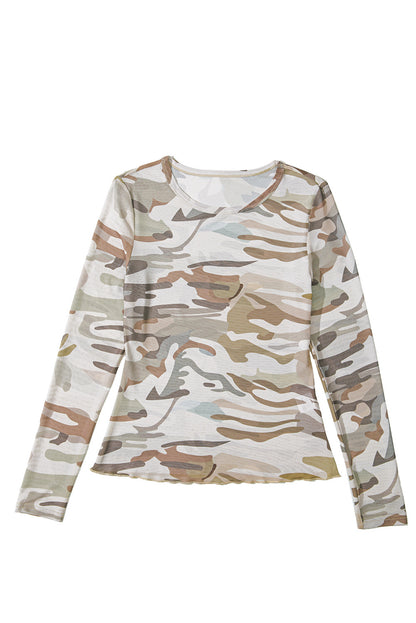 Western Fashion Camouflage Print Mesh Long Sleeve Top