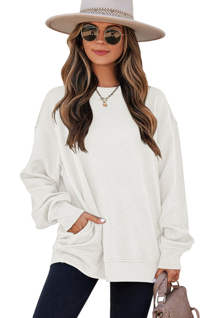 White Solid Color Textured Round Neck Drop Shoulder Pullover Sweatshirt