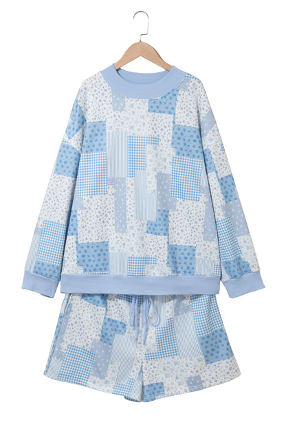 Sky Blue Patchwork Floral Print Stand Neck Long Sleeve Two-piece Outfit Plus Size Set
