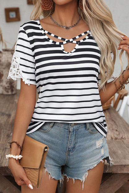 Black Stripe Cross Straps Hollowed Neck Lace Splicing Short Sleeve Blouse
