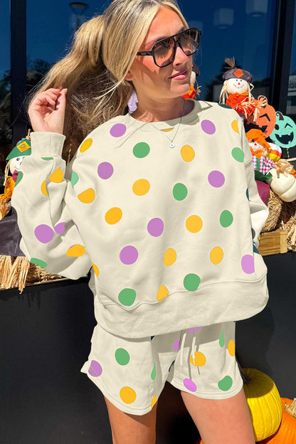 Multicolour Polka Dot Print Drop Shoulder Pullover Drawstring Shorts Set