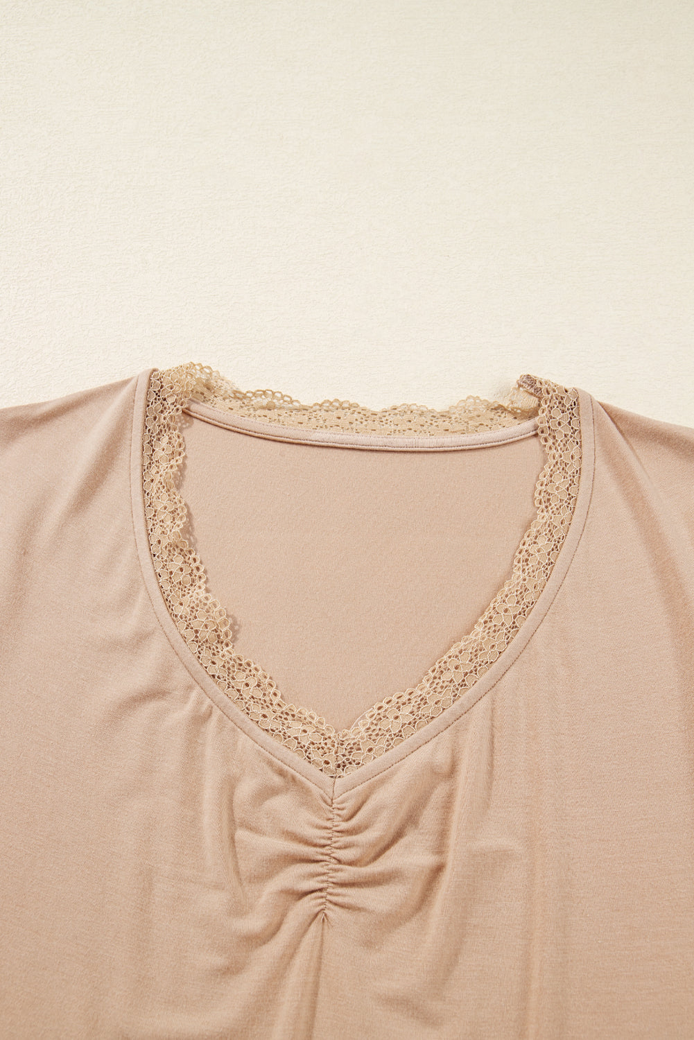 Smoke Gray Lace-trimmed Sweetheart Neckline Ruched Detail Long Sleeve T-shirt