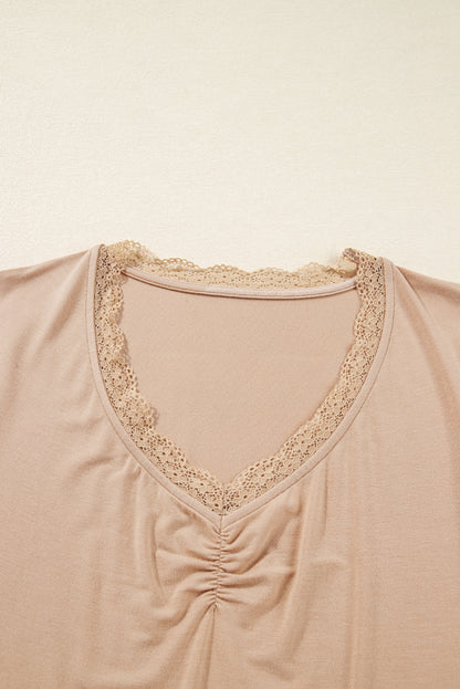 Smoke Gray Lace-trimmed Sweetheart Neckline Ruched Detail Long Sleeve T-shirt