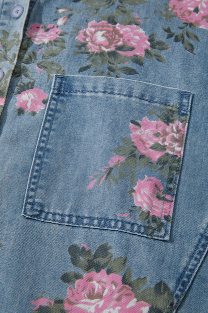Blue Bracelet Sleeve Floral Denim Shirt