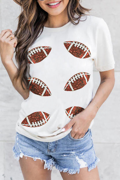 T-shirt blanc en coton à paillettes et motif rugby