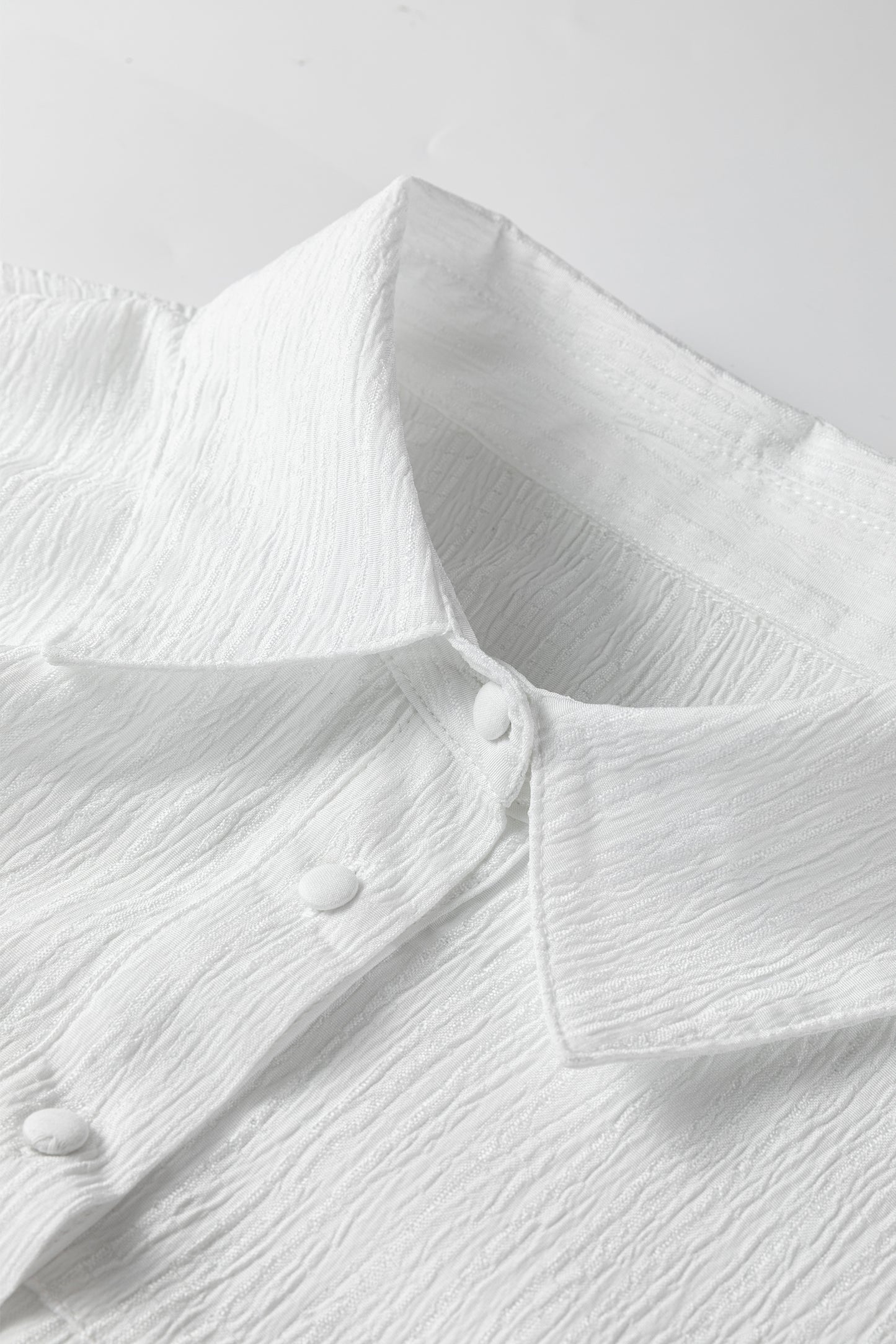 White Crinkled Texture Lantern Sleeve Button Down Loose Shirt