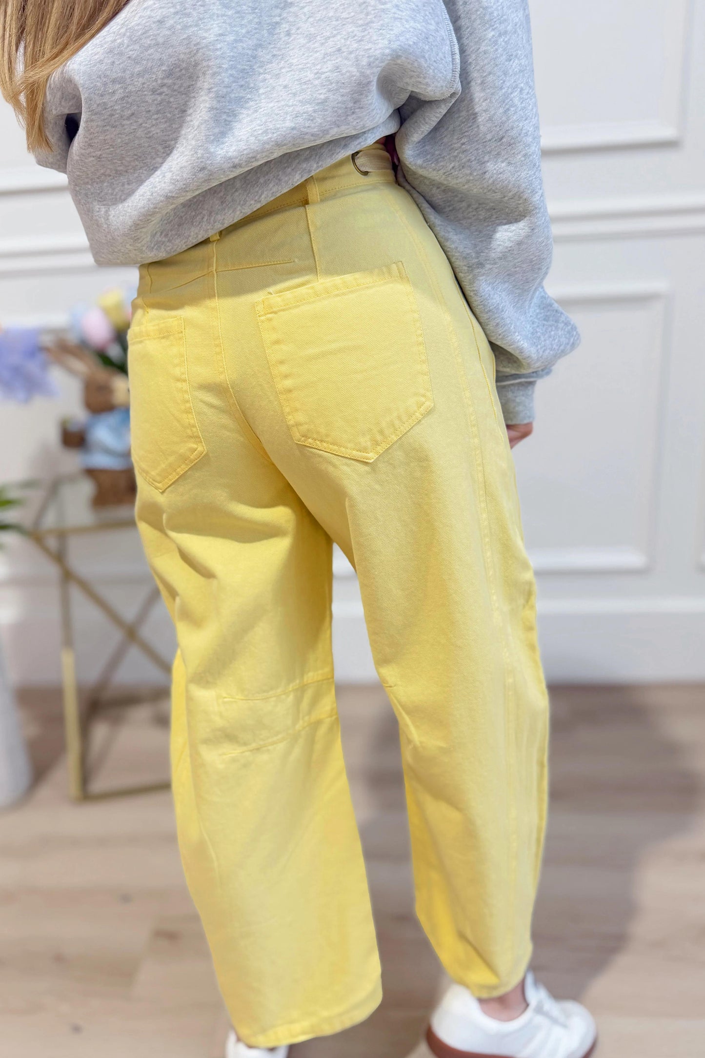 Yellow Solid Color Grommet Detail Knot Waist Barrel Jeans