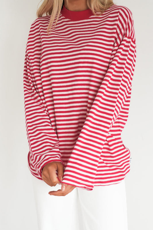 Red Stripe Oversized Long Sleeve Round Neck Top