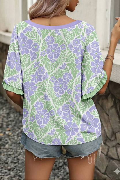 Rose Floral Print Ruffled Color Block Trim Half Sleeve Blouse